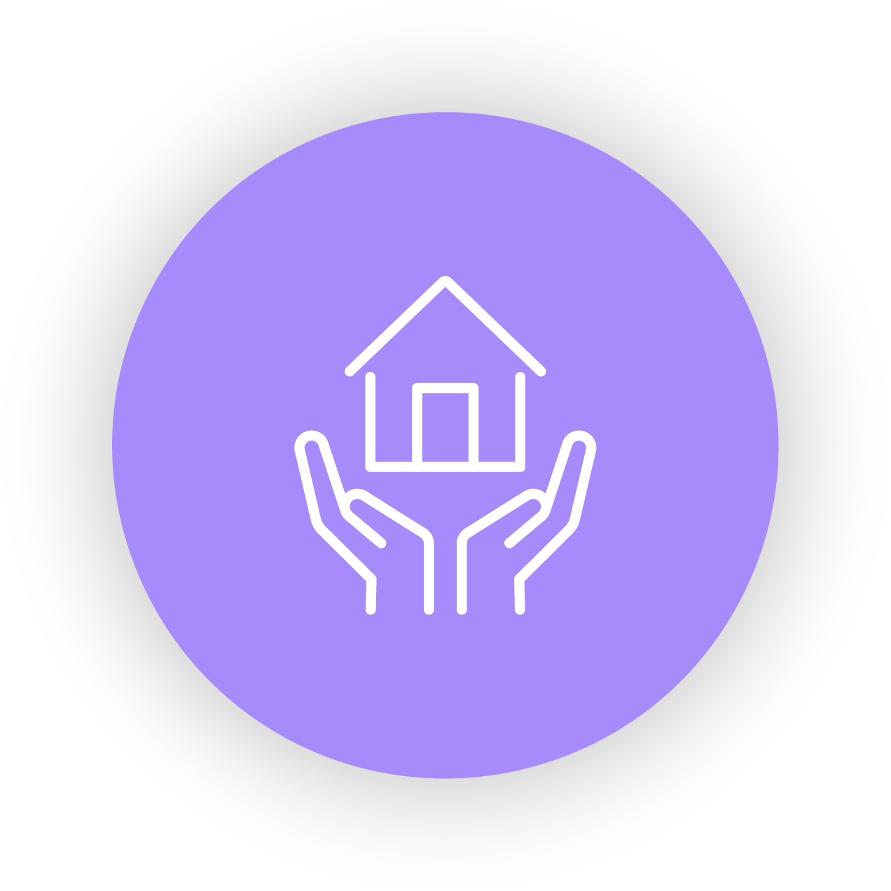 Icon of two hands holding a house, with a purple background and gray gradient border.