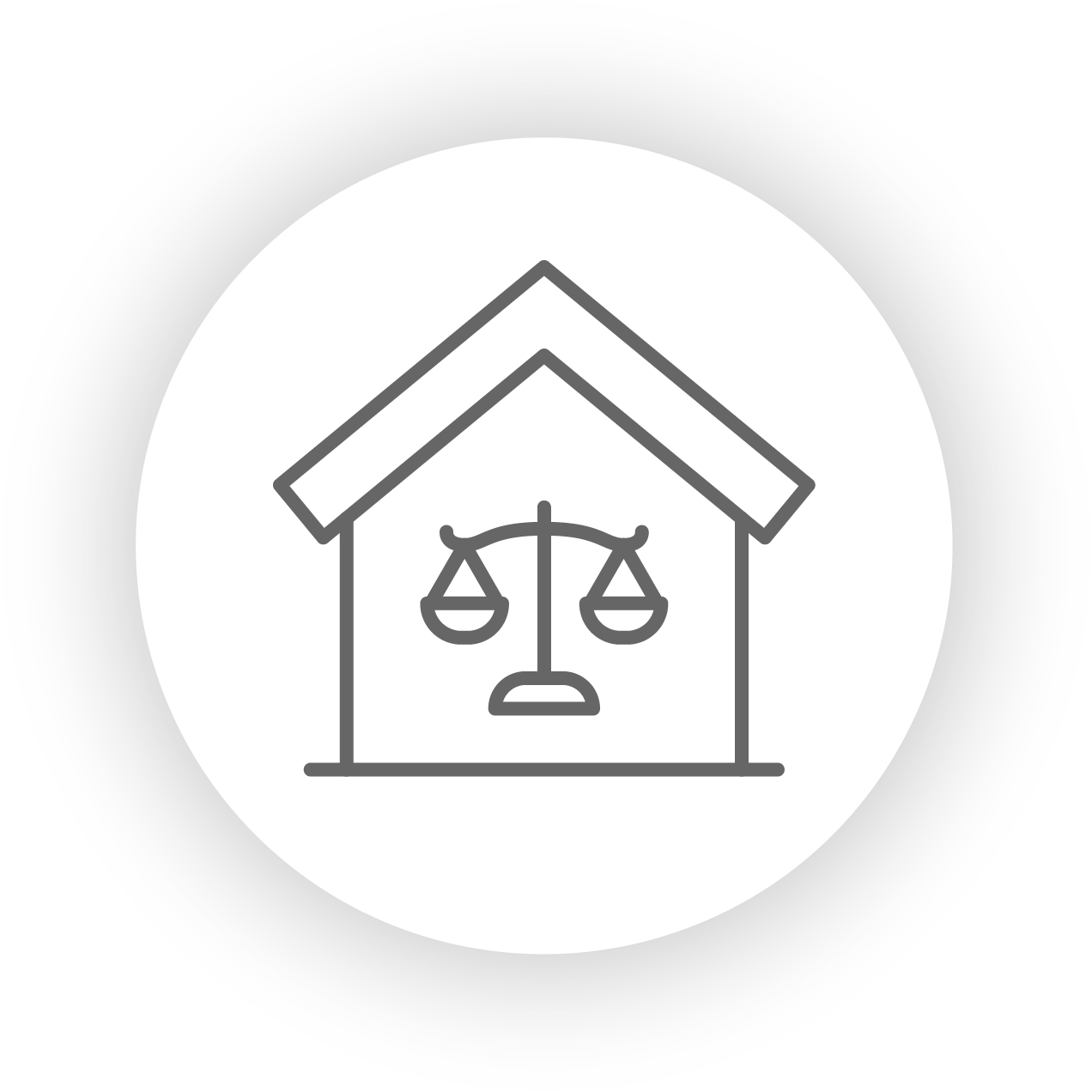 Line drawing of a house with a roof, containing a scale of justice symbol inside.