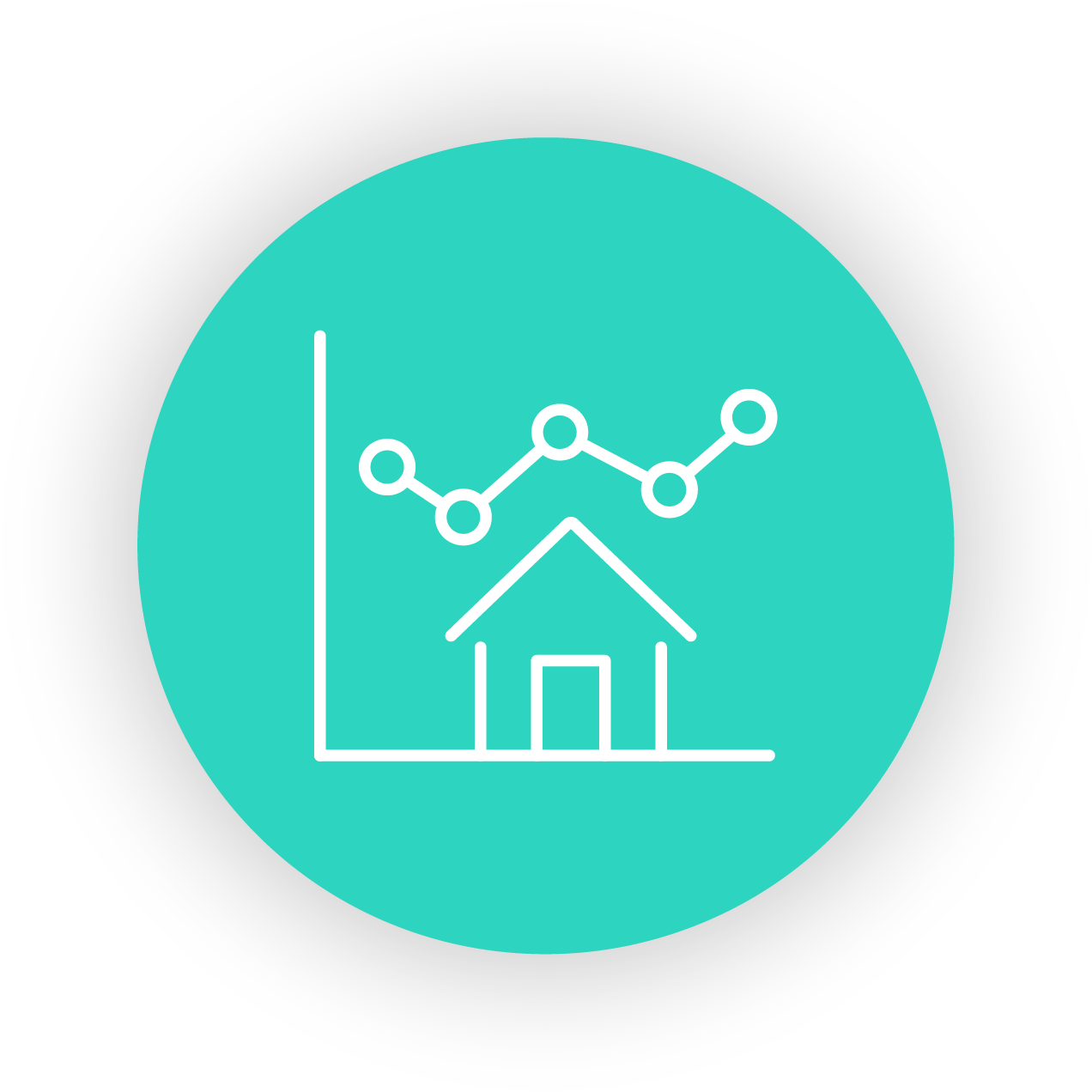 Icon showing a house with a line and circle graph above it, representing real estate market trends.