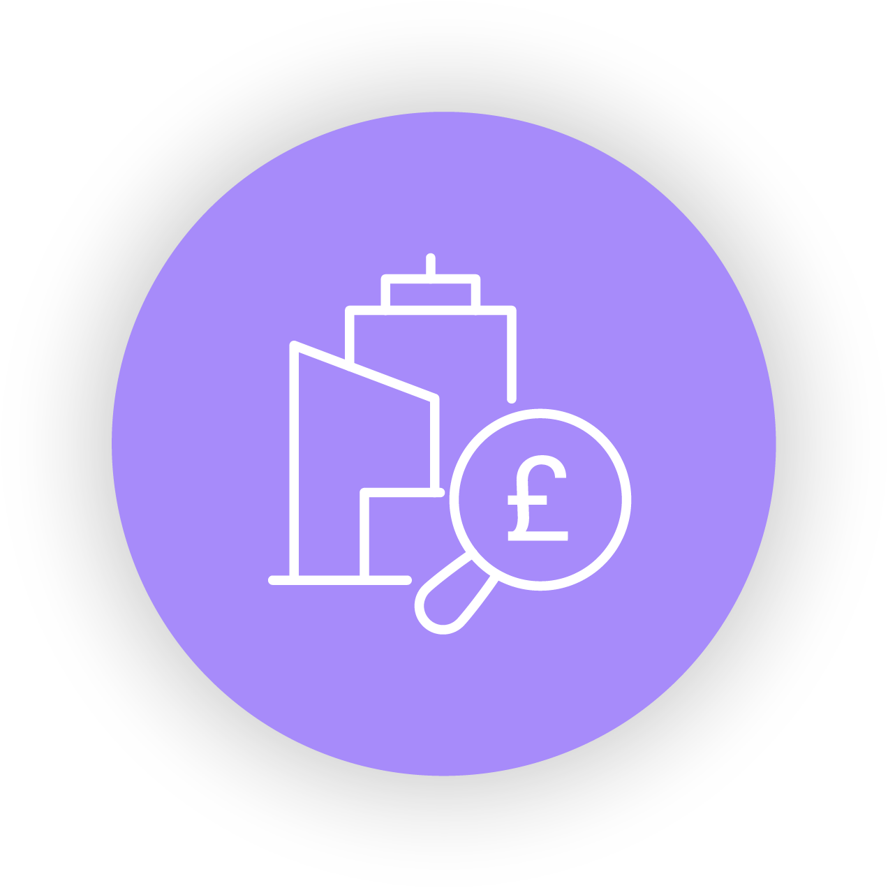 Icon representing real estate market analysis in the UK with buildings, a magnifying glass with a pound sign.