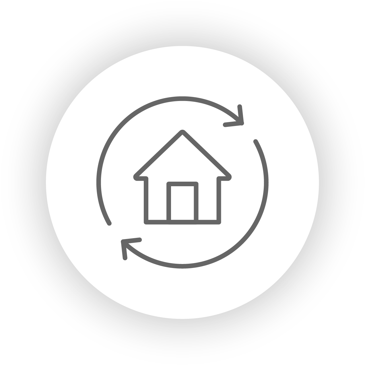 Icon of a house surrounded by circular arrows, indicating house rotation or rotation of a scene.