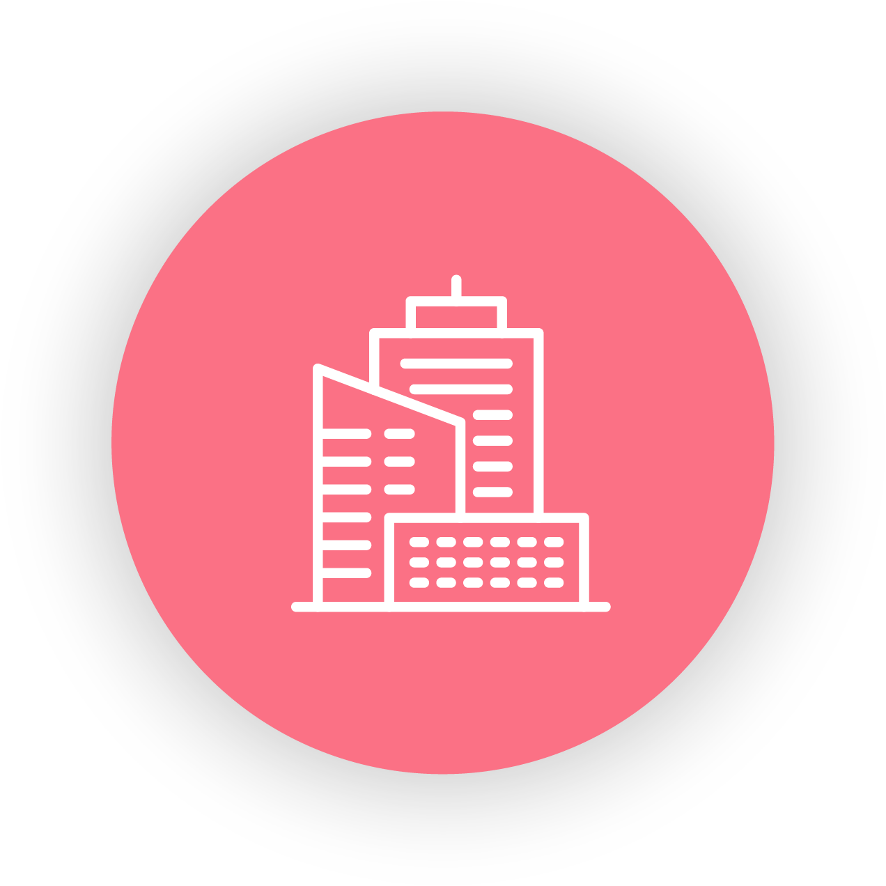 Illustration of a group of tall buildings, representing a city skyline, on a pink circular background with a gray gradient border.
