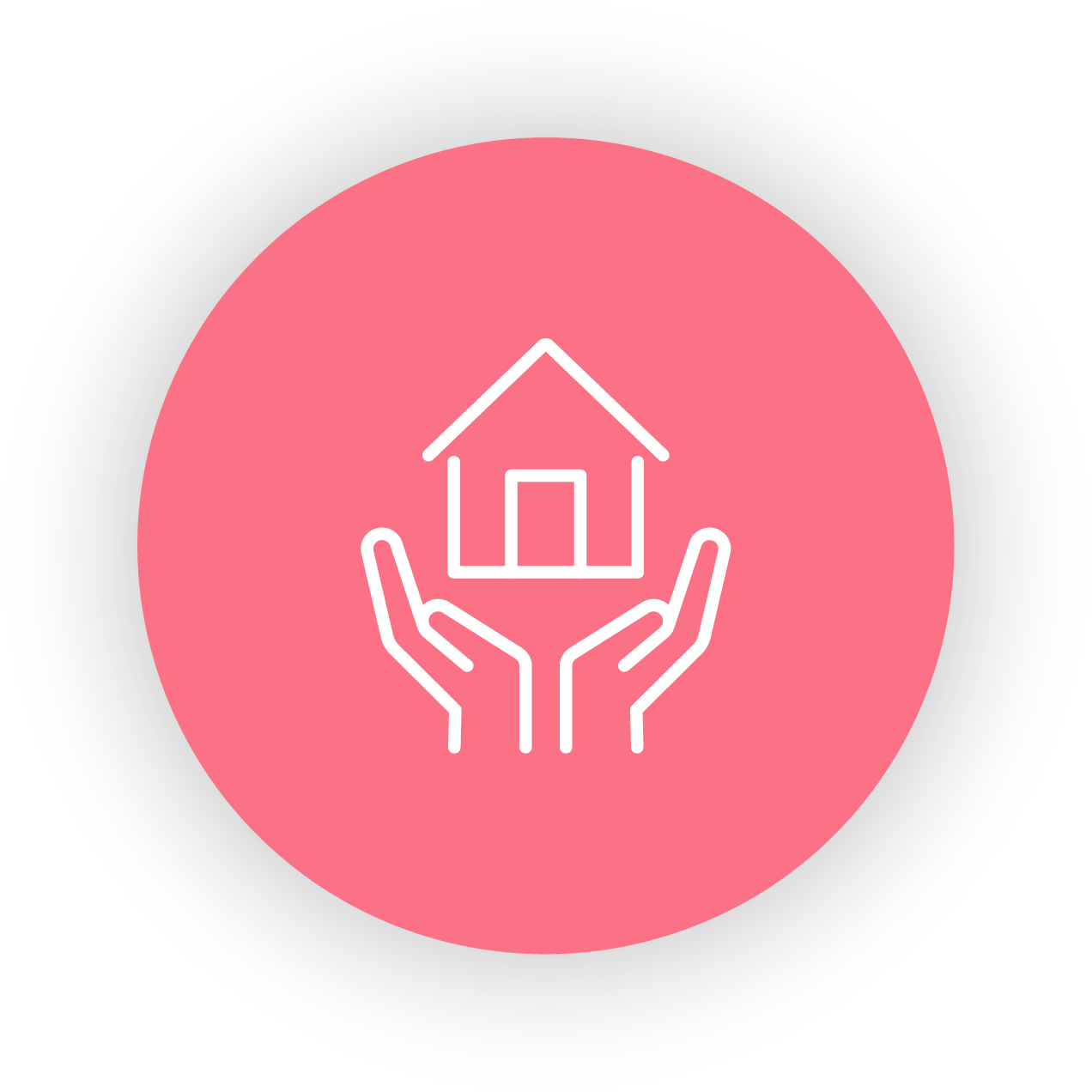 Icon of hands holding a house, on a pink circular background with a gray gradient border.