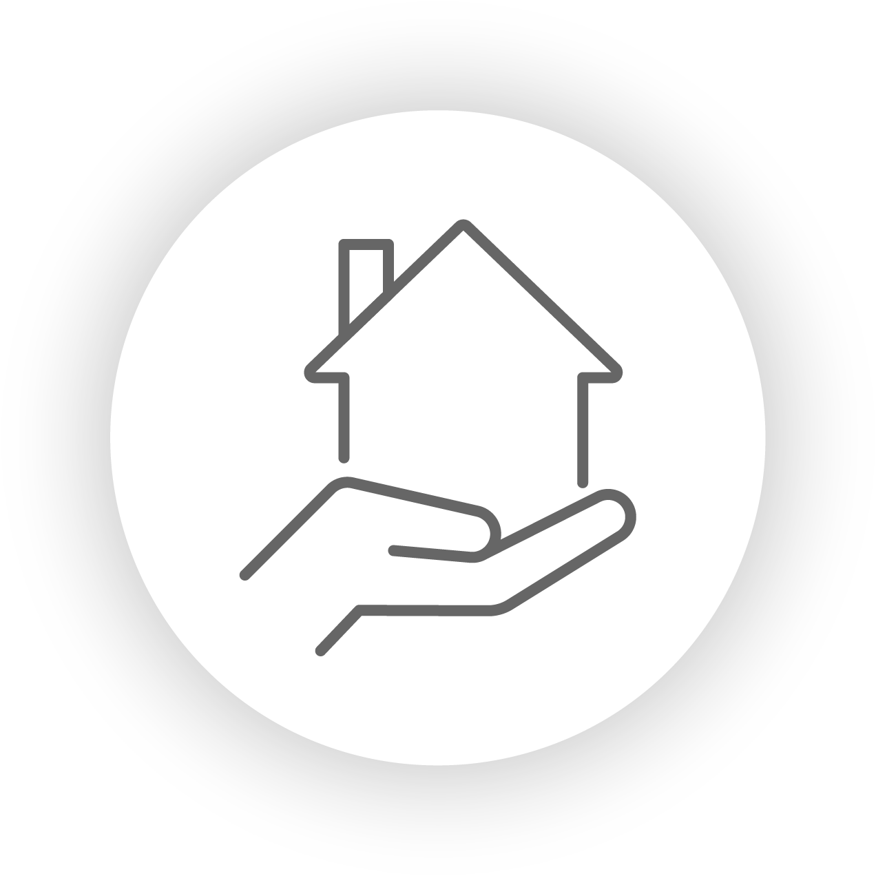 Outline of a hand holding a house with a chimney, inside a circular gray and white gradient background.