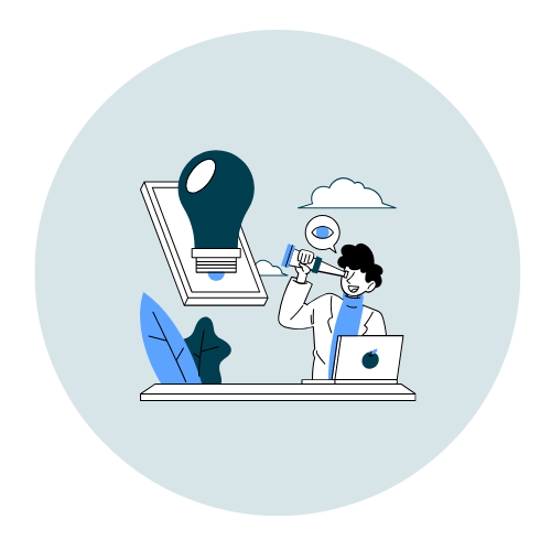 Illustration eines Wissenschaftlers, der mit einem Mikroskop arbeitet, vor einem Laptop, mit einer Glühbirne und Wolken im Hintergrund.