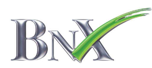 The BNX logo with silver letters and a green check mark.