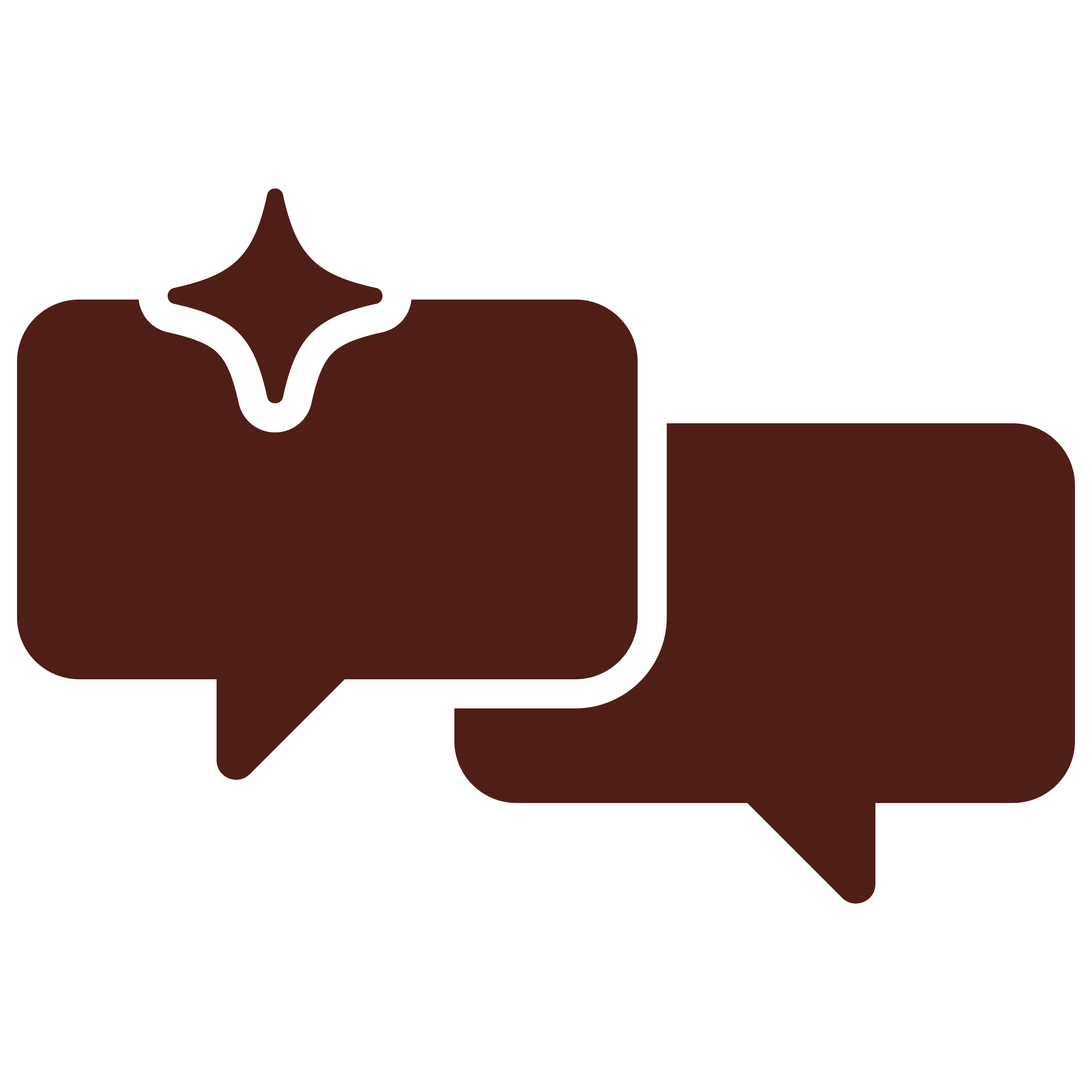 Deux bulles de dialogue brunes superposées avec une étoile brillante en haut à gauche.