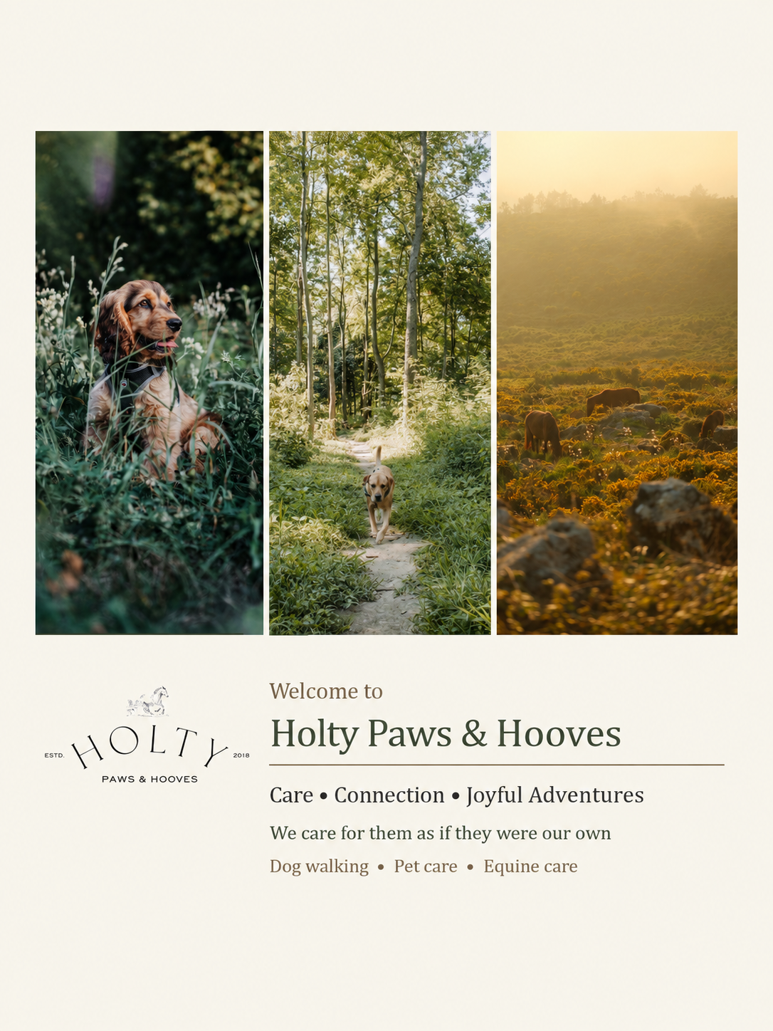 Dogs exploring woodland and horses grazing in golden evening light, from our Holty Paws & Hooves welcome artwork