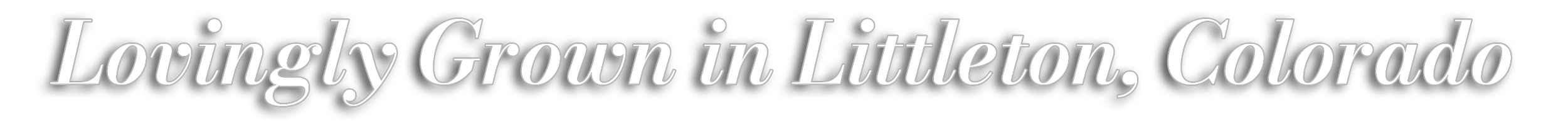 Text says 'Lovingly grown in Littleton, Colorado' with a black background and white text with a shadow effect.