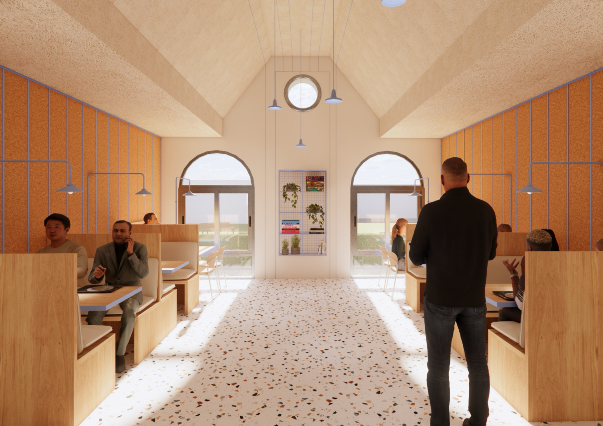 Une salle de restaurant lumineuse avec des banquettes en bois, des personnes assises et un serveur qui se tient debout.