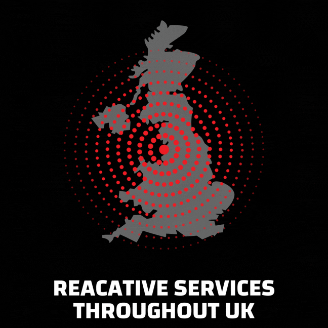 Amap of the United Kingdom with red concentric circles indicating reactive property services throughout the UK