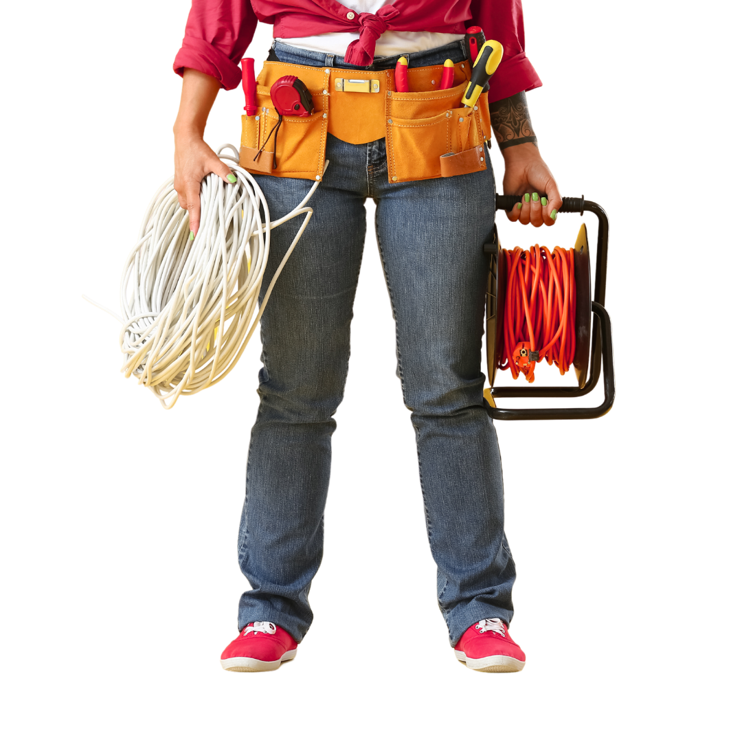 Person holding a coiled white extension cord and a case with orange extension cords, wearing a tool belt filled with various tools.