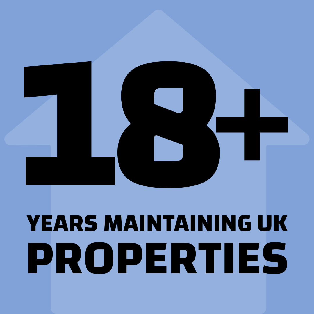 Graphic celebrating 18+ years of maintaining UK properties, featuring a house icon and bold text.