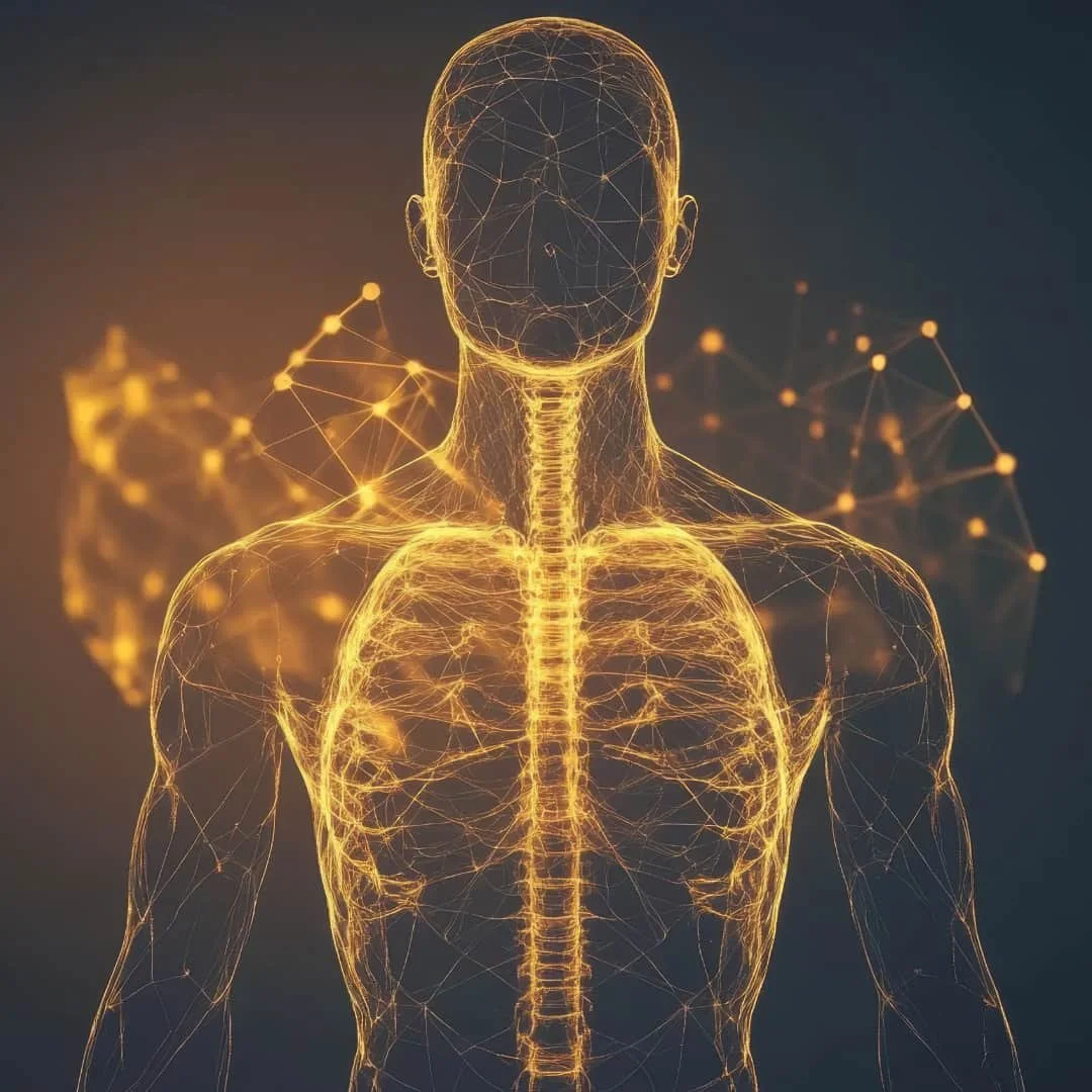Futuristic digital illustration of a human skeleton with glowing neural connections, representing how mesenchymal stem cells support healing, inflammation reduction, and regeneration.