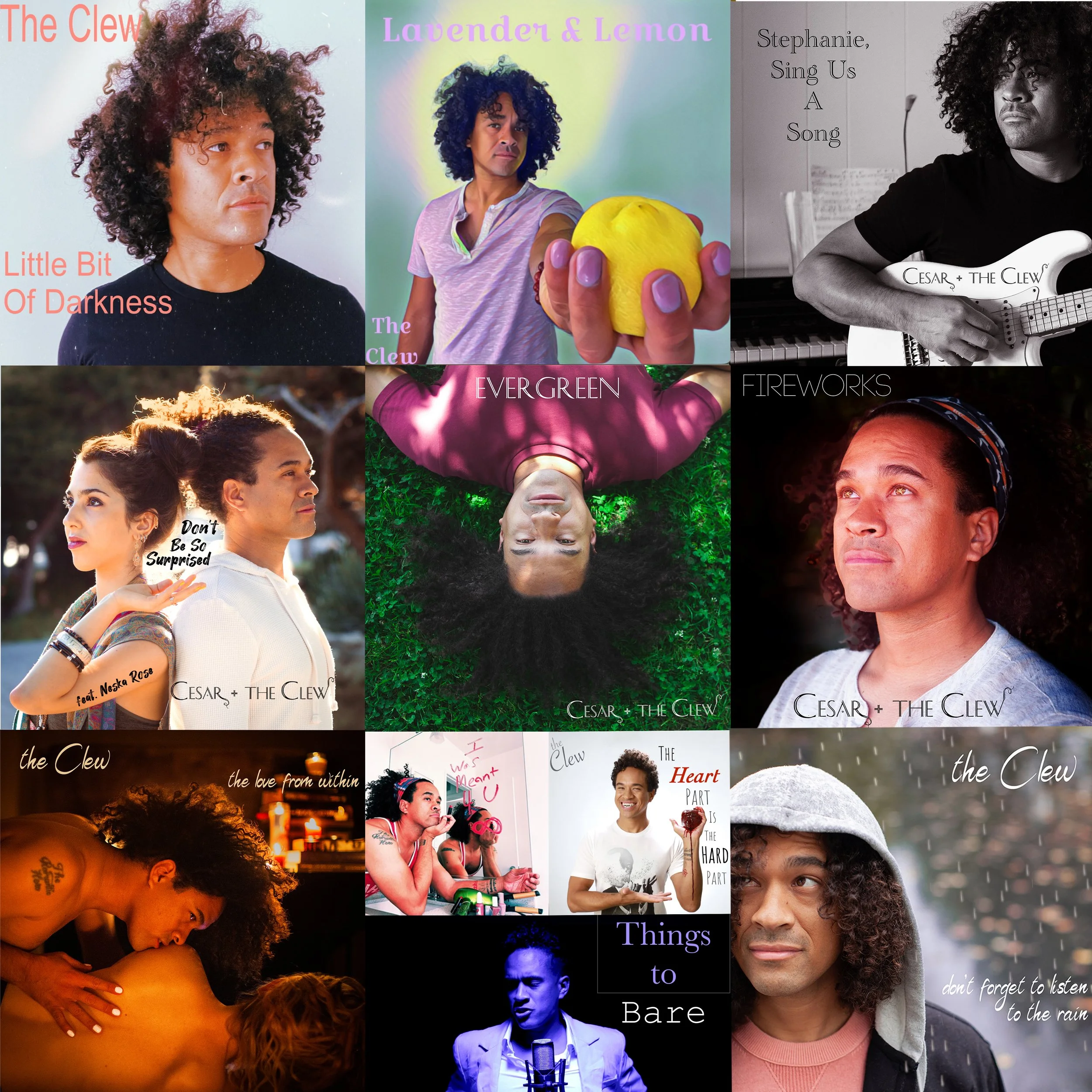 A collage of 12 album covers featuring various artists and themes, with images of people, nature, and musical elements, some with text titles and artistic photography.