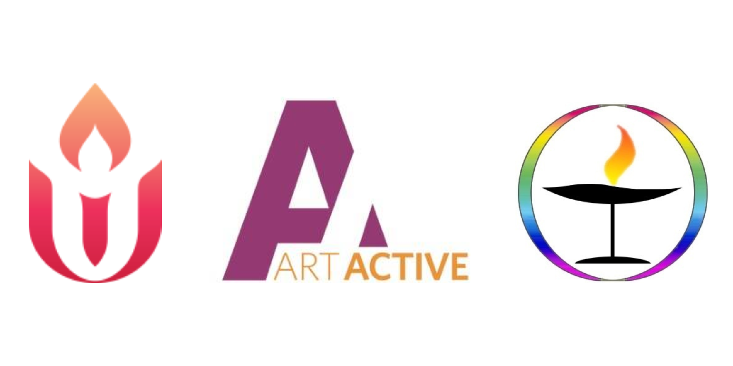 Three logos aligned horizontally. The first logo features a stylized candle flame in gradient red and pink. The second logo has a large purple letter 'A' with smaller text below reading 'ART ACTIVE' in orange and gold. The third logo depicts a black chalice with a flame inside it, encircled by a rainbow-colored ring.