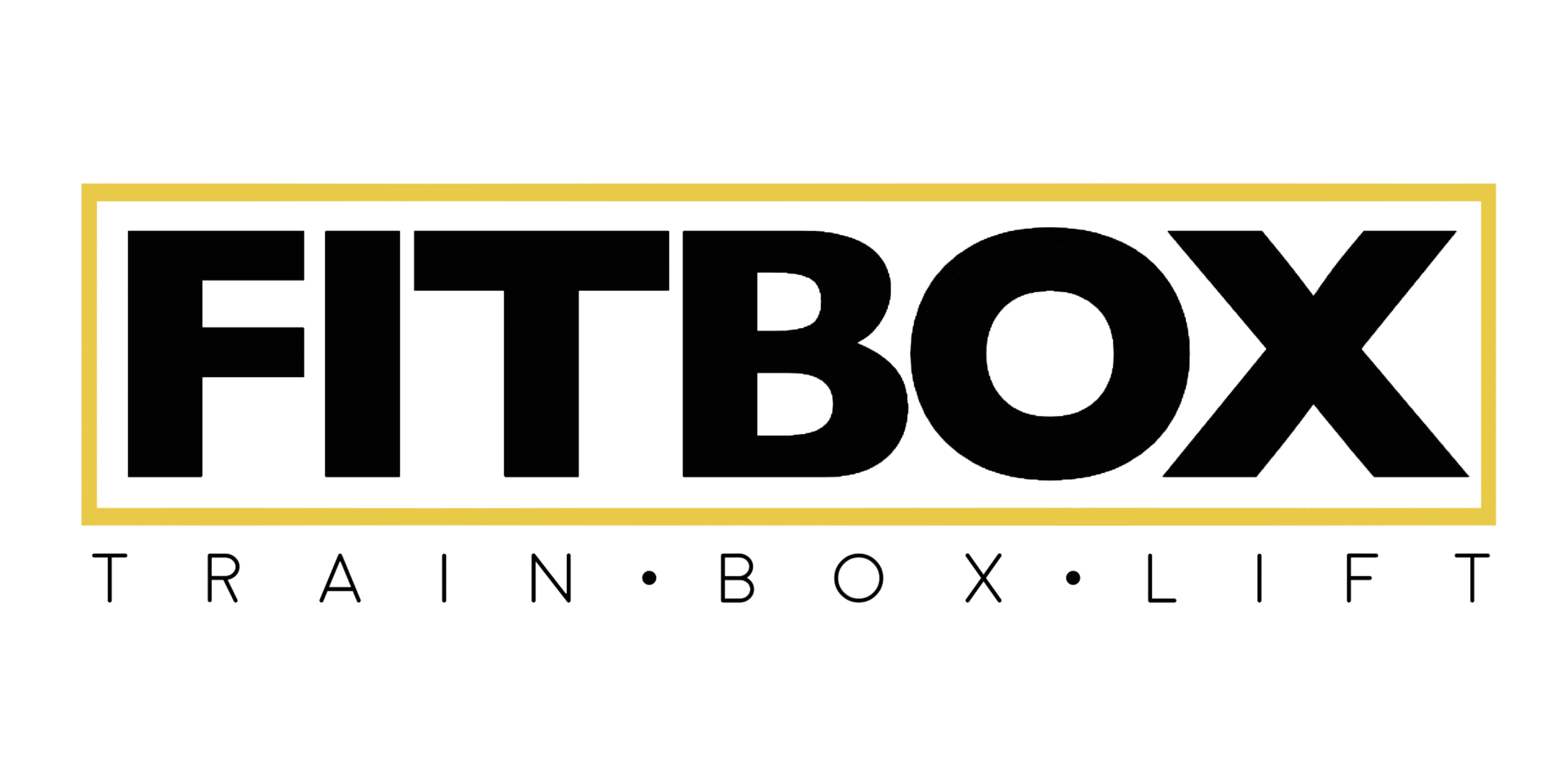 Logo for FitBox, featuring bold black text with a gold border, and the words 'Training,' 'Box,' and 'Lift' beneath with dots separating them.