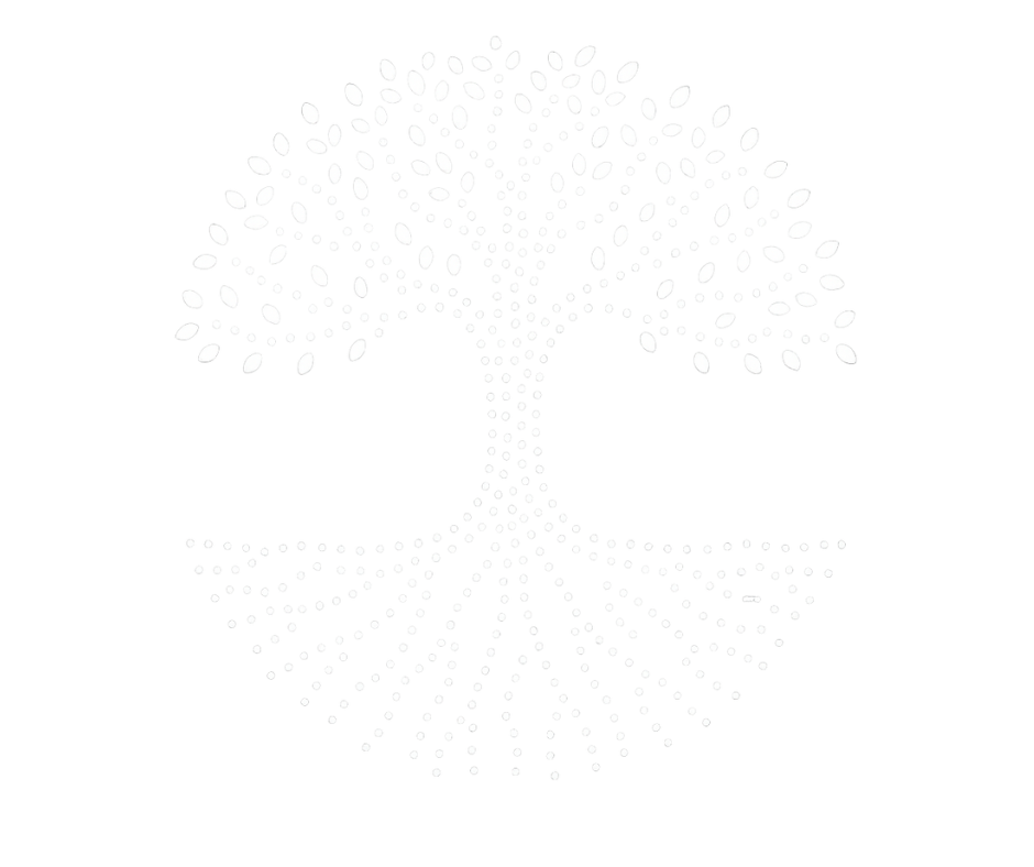 Stylized tree made of white dots on a black background, with branches and roots.