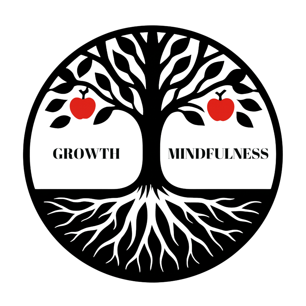 A black and white graphic of a tree with two red apples in the branches. The left side of the tree is labeled 'GROWTH', and the right side is labeled 'MINDFULNESS'.