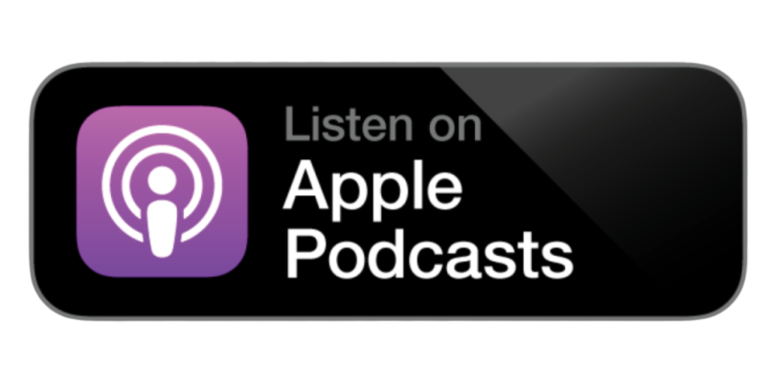 Apple Podcasts app icon with text 'Listen on Apple Podcasts' on a black background.