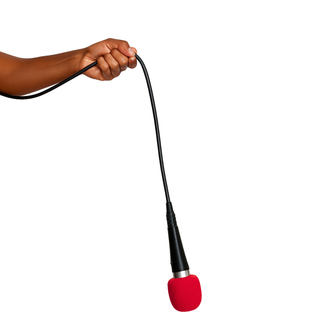 A person's hand holding a microphone with a red windscreen against a plain background.