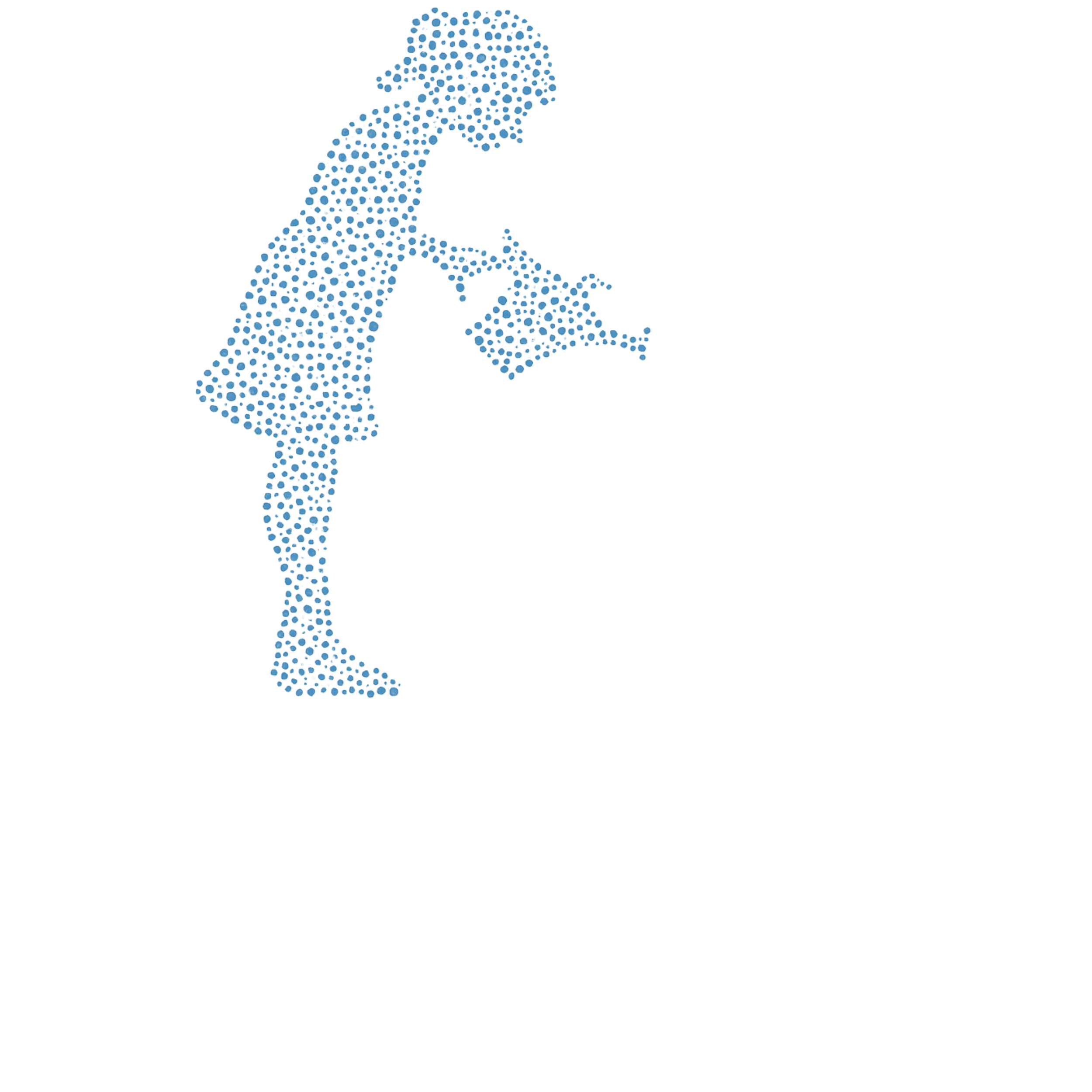 Illustration of a woman practicing martial arts, specifically a high kick, made up of small blue dots against a black background.