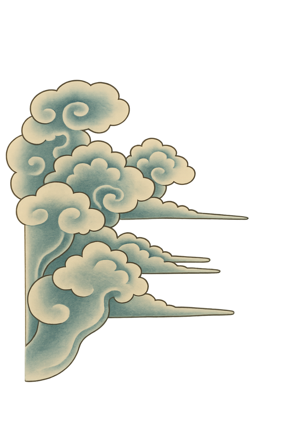 Traditional Japanese painting of clouds with blue and white hues, stylized with swirling patterns.
