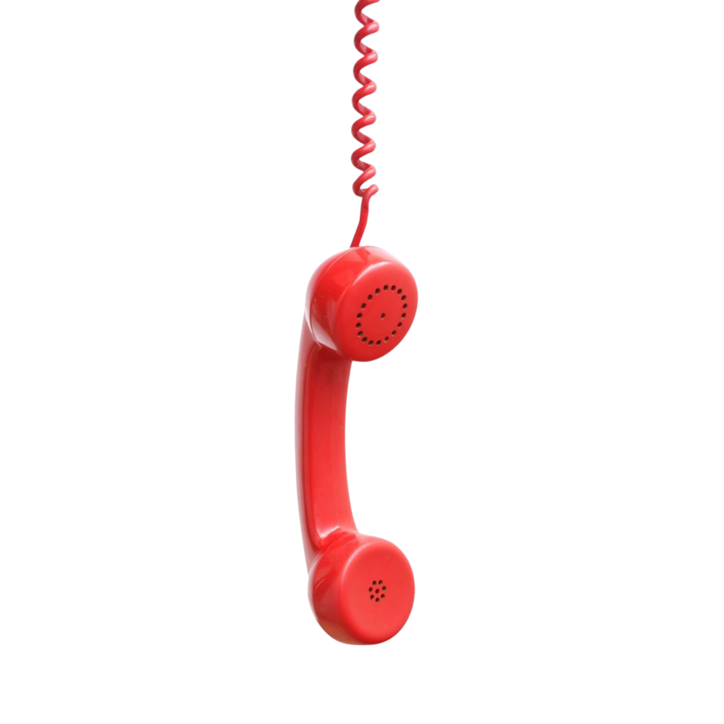 Red vintage rotary telephone with a coiled cord.