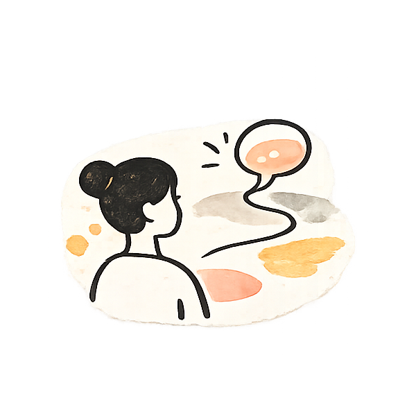 Illustration einer Frau mit dunklem Haar in einem Dampf- oder Badesitz mit Seifenblasen und Wasser, mit Farbklecksen im Wasser.