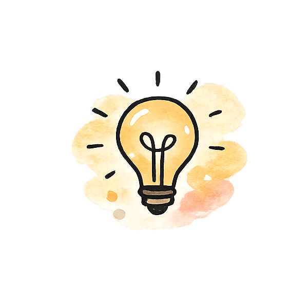 Erkenntnisse im Coaching mit ADHS, Autismus, Hochbegabung. Handgezeichnete Glühbirne mit Lichtstrahlen und bunten Wasserfarben im Hintergrund.