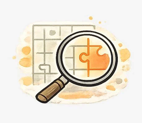 Lupe, die auf ein Puzzle mit einer einzelnen Orangenecke gerichtet ist.