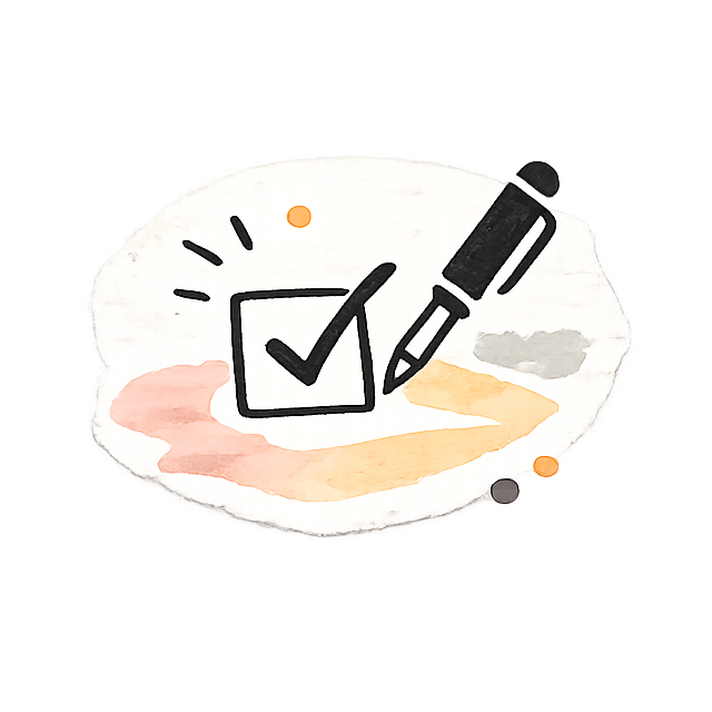 Handgezeichnetes Bild eines Papiers mit einem Häkchen in einem Kontrollkästchen, einem Stift zum Vermerken, und bunten Farbflecken.