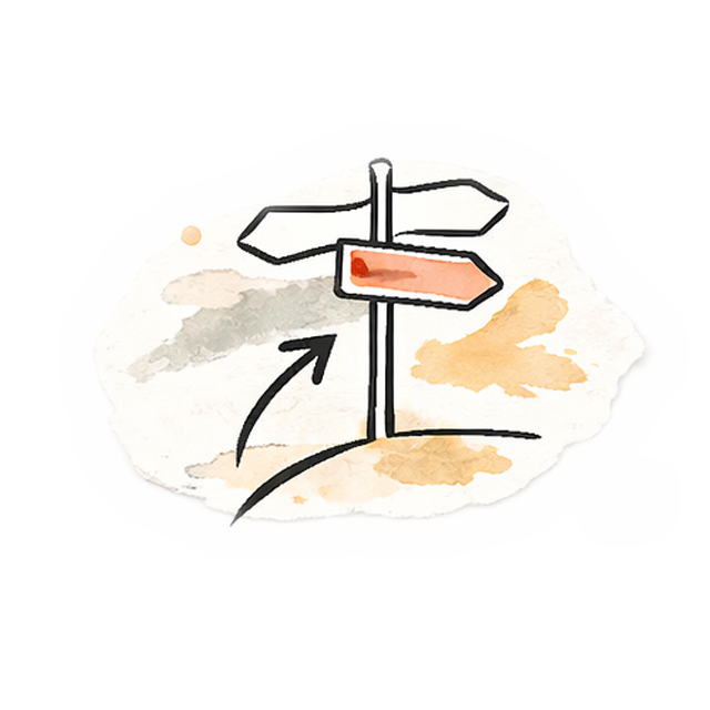 Zeichnung eines Wegweisers mit mehreren Richtungsanzeigen, auf einem Stück Papier mit Wasserfarbe, mit einer schwarzen Linie als Weg und einem Pfeil, der nach oben zeigt.