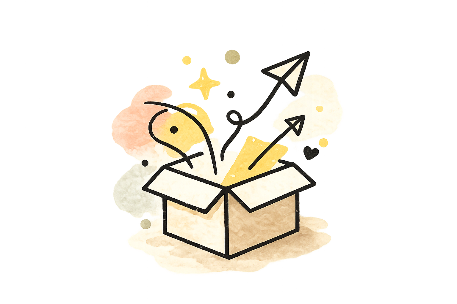 Illustration eines offenen Geschenkbox mit bunten Konfetti und aufgemalten Pfeilen sowie Flugzeug in schwarzer Linie, vor gelbem Hintergrund.
