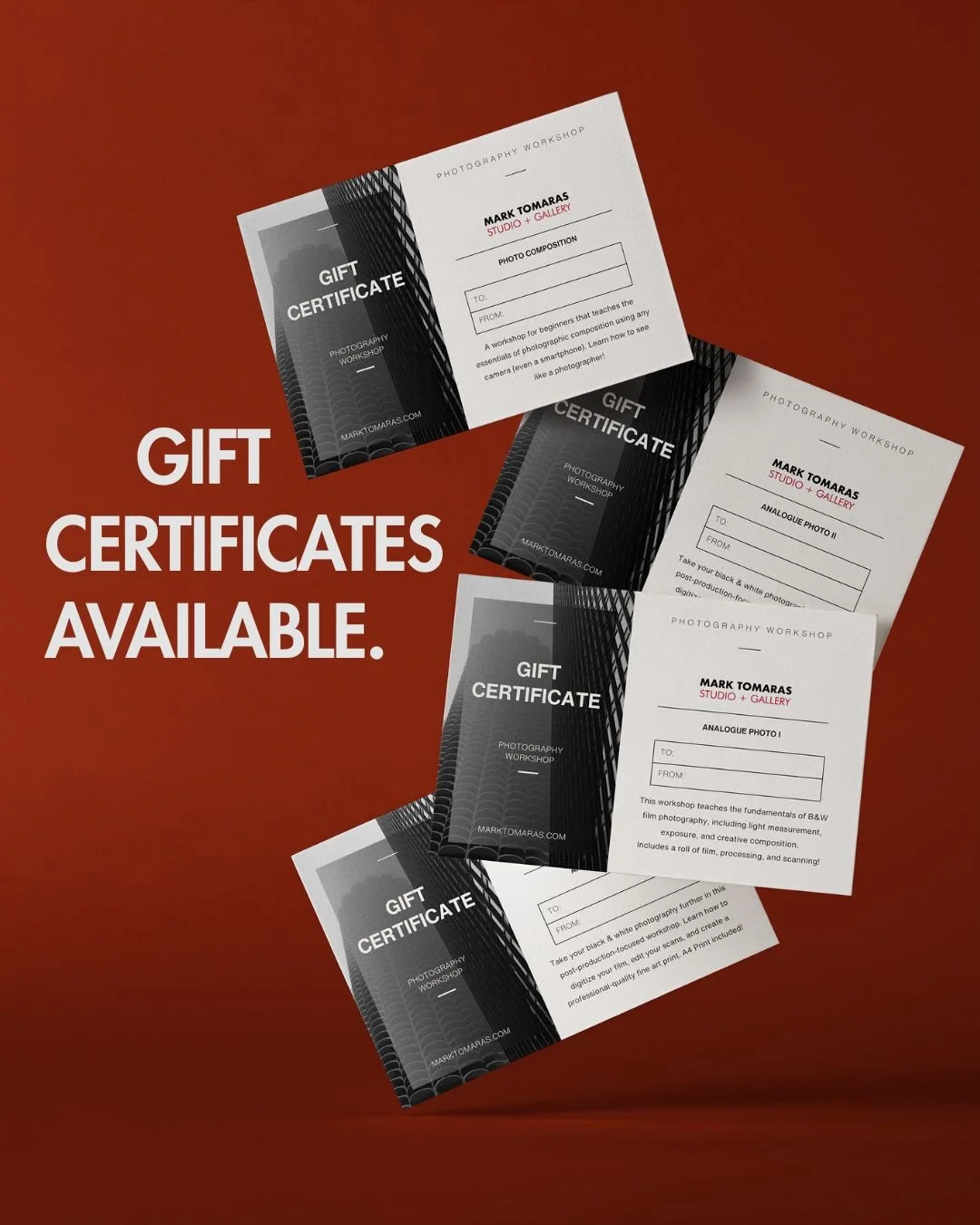The best gifts aren&rsquo;t wrapped - they&rsquo;re experienced! 🎞️

Surprise the photography lover in your life with an immersive, hands-on workshop led by pro photographer Mark Tomaras.

Explore all gift certificate options on our website - link i