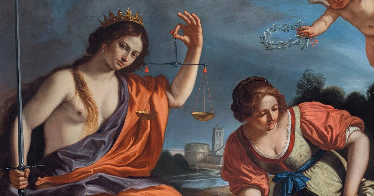 Dipinto raffigurante una donna con una corona che tiene una bilancia, e un'altra donna che si inginocchia ai suoi piedi, con un paesaggio sullo sfondo.