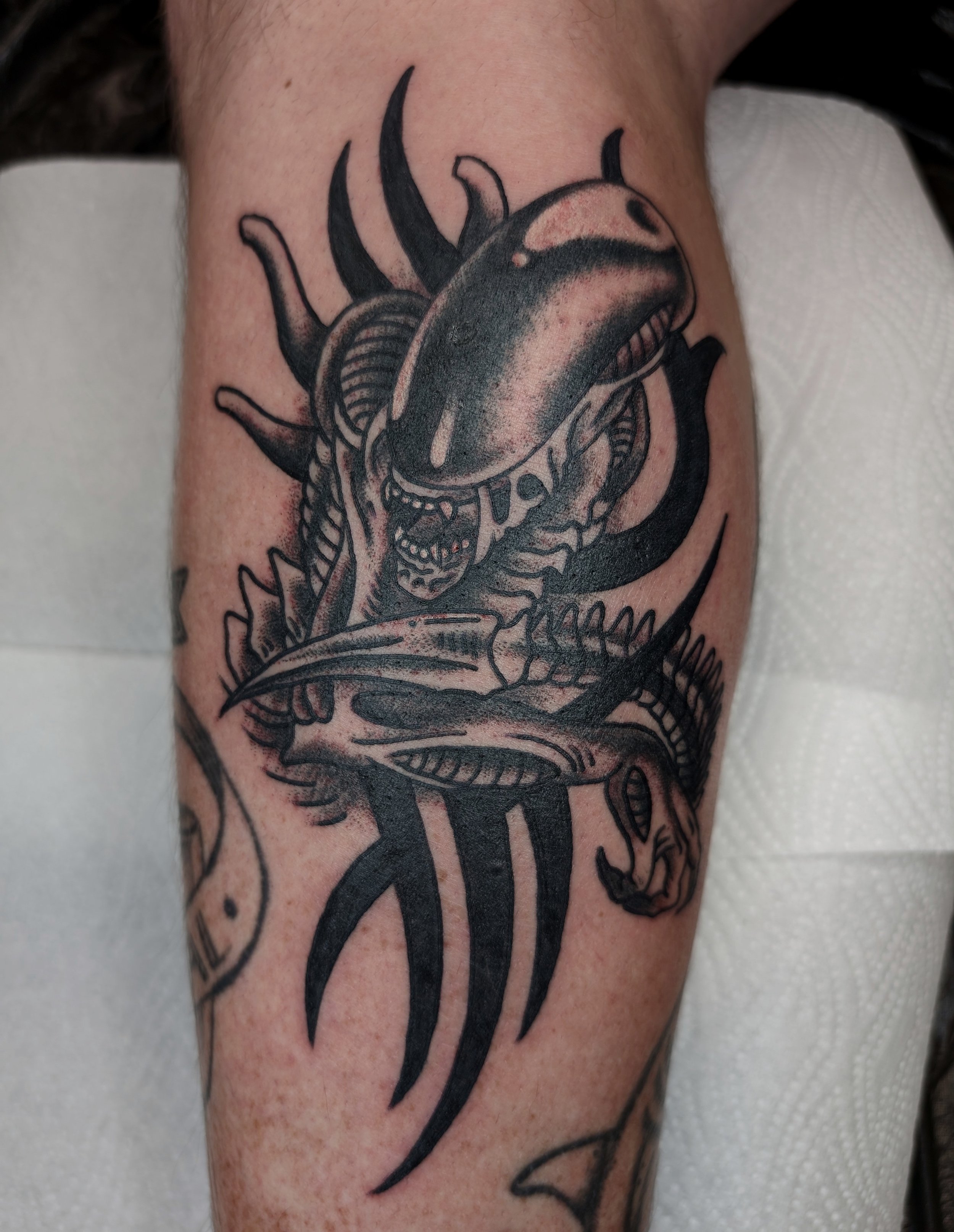 Schwarze Tattoo eines Dinosauriers mit großer Nase, Zähnen und Krallen auf dem Bein einer Person.