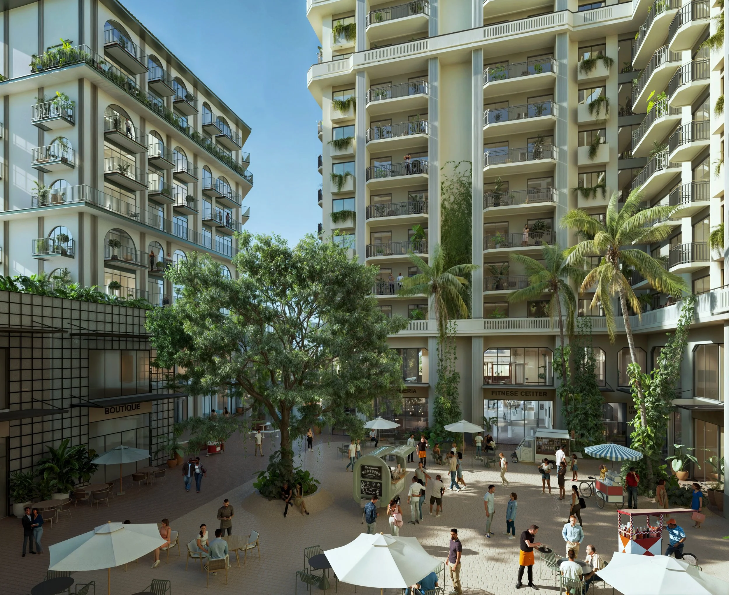 A busy outdoor courtyard in front of modern high-rise buildings with retail spaces, trees, and seating areas, filled with people walking, sitting, and socializing.