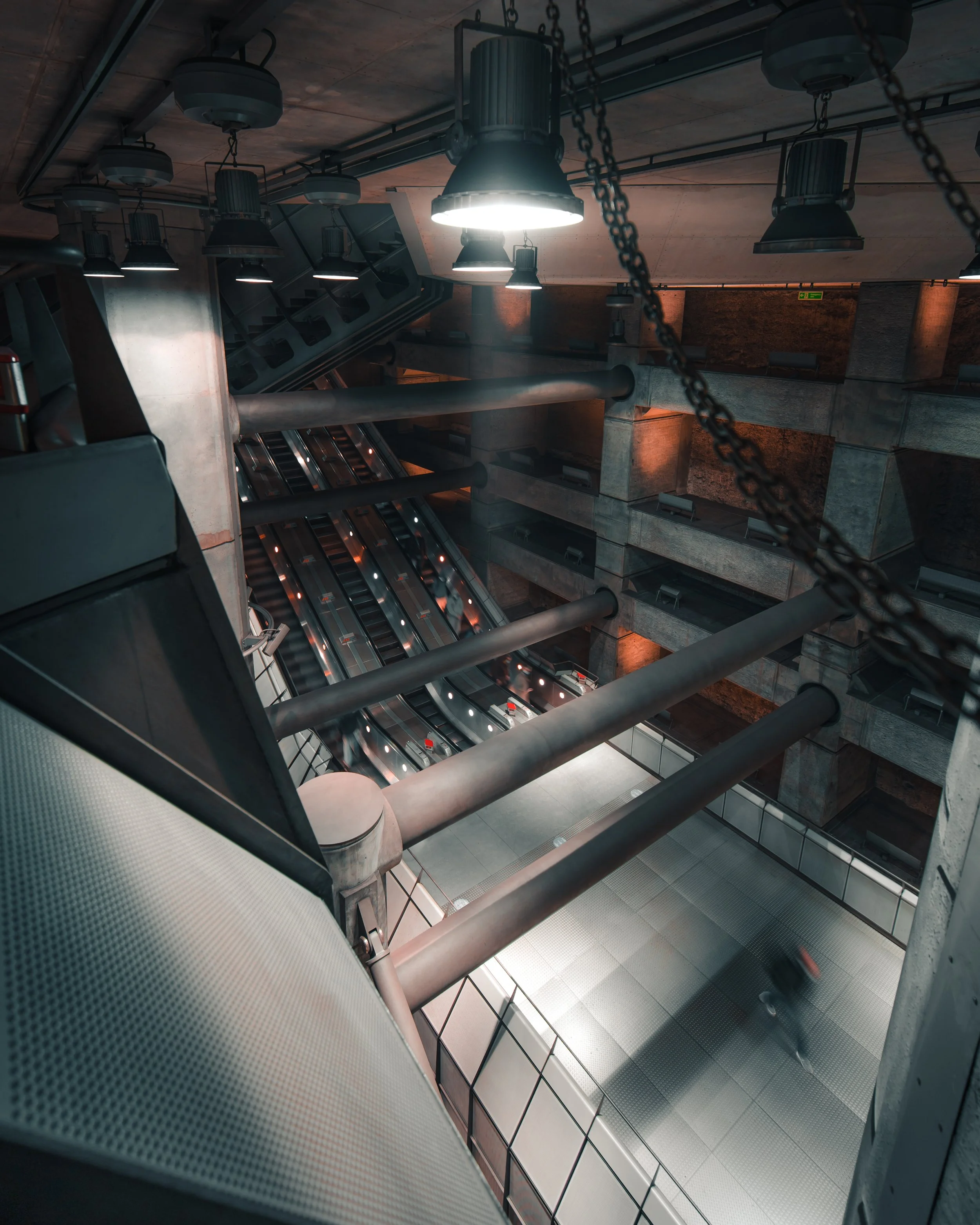 Interior view of an urban parking garage with ramps, concrete walls, and a person walking on the ground level, illuminated by overhead industrial lighting.