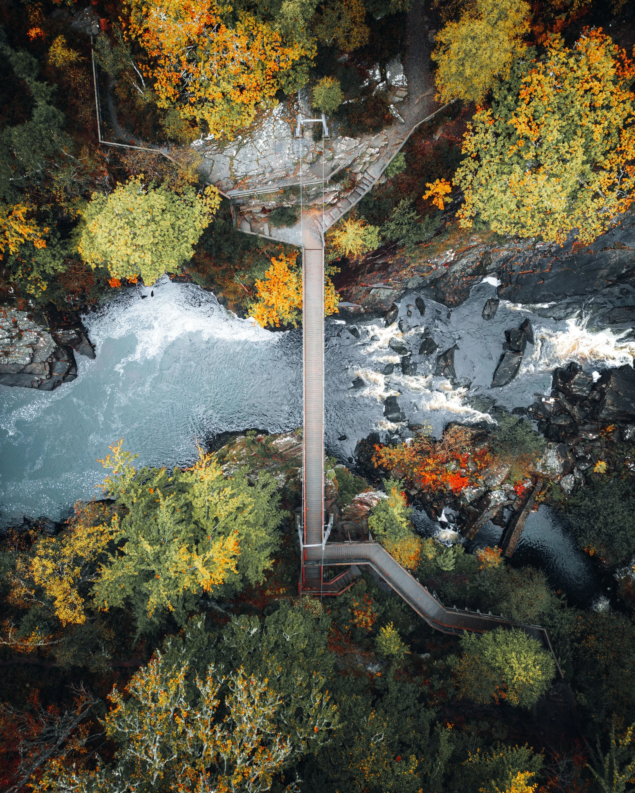An aerial view of a bridge crossing over a river surrounded by colorful autumn trees.