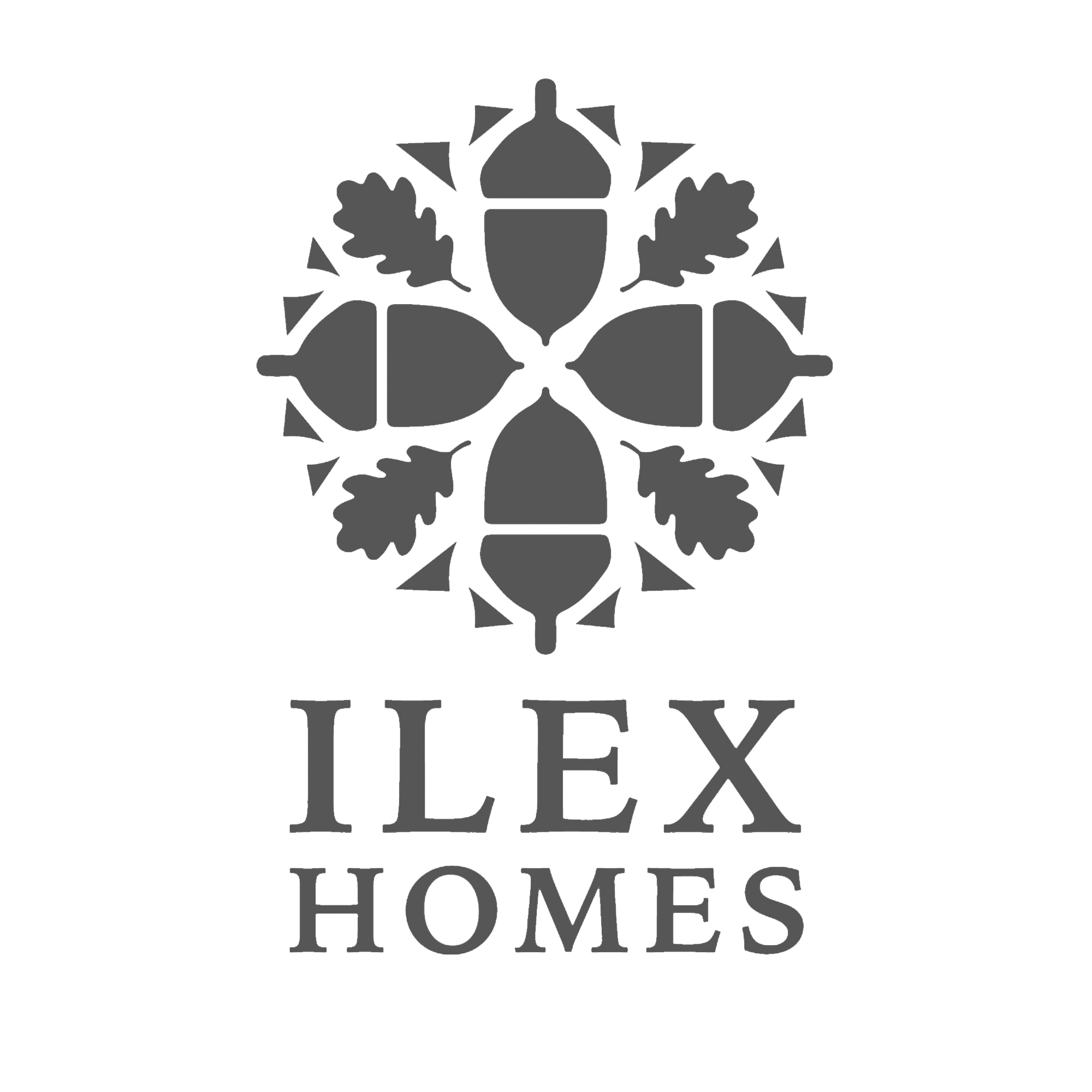 Logo for ILex Homes with a stylized acorn and oak leaves design, divided into light and dark gray backgrounds.