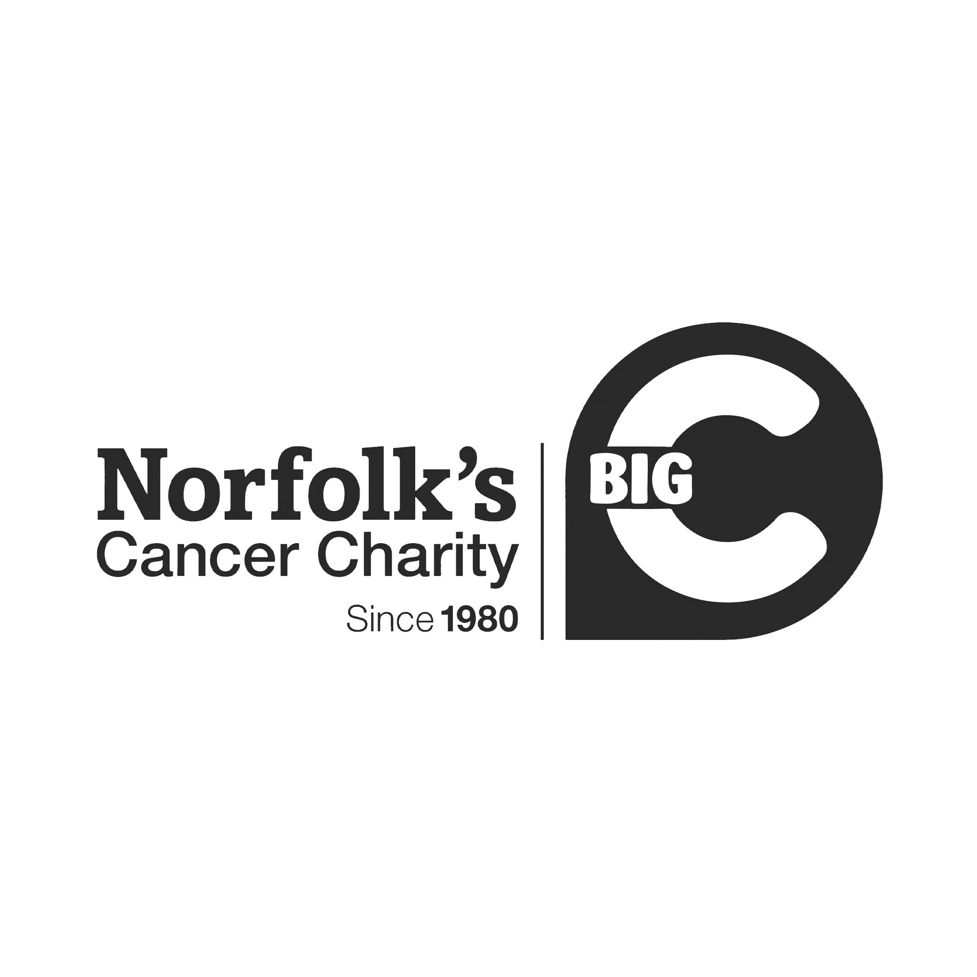 Black and white logo for Norfolk's Cancer Charity with text and a circular emblem containing the word 'BIG'.
