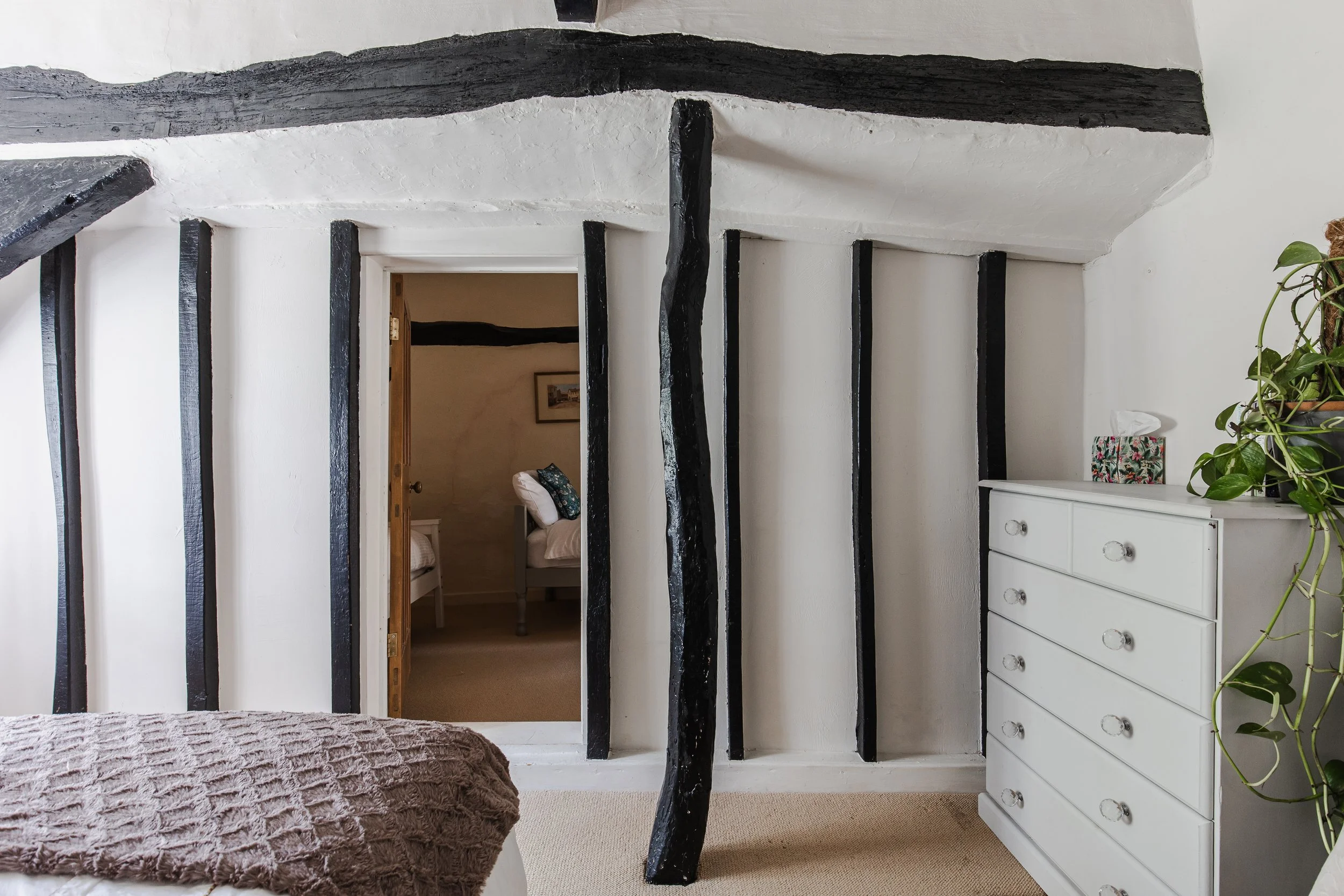Interior view of a bedroom with a white dresser, a potted plant, and visible black wooden beams, with an open door leading to another room with beds.