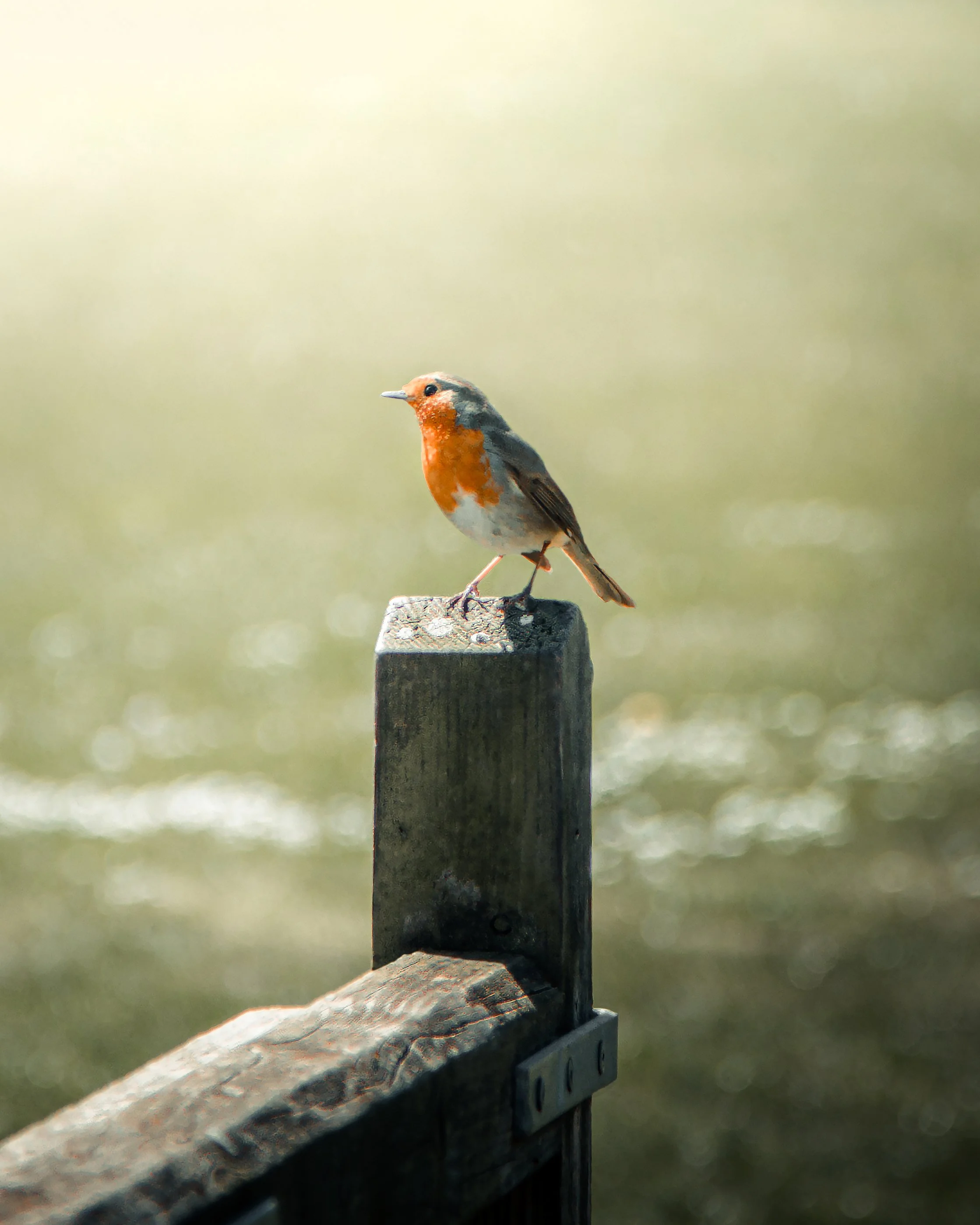 A small bird, likely a European robin, perched on a weathered wooden post near water with a blurred natural background.