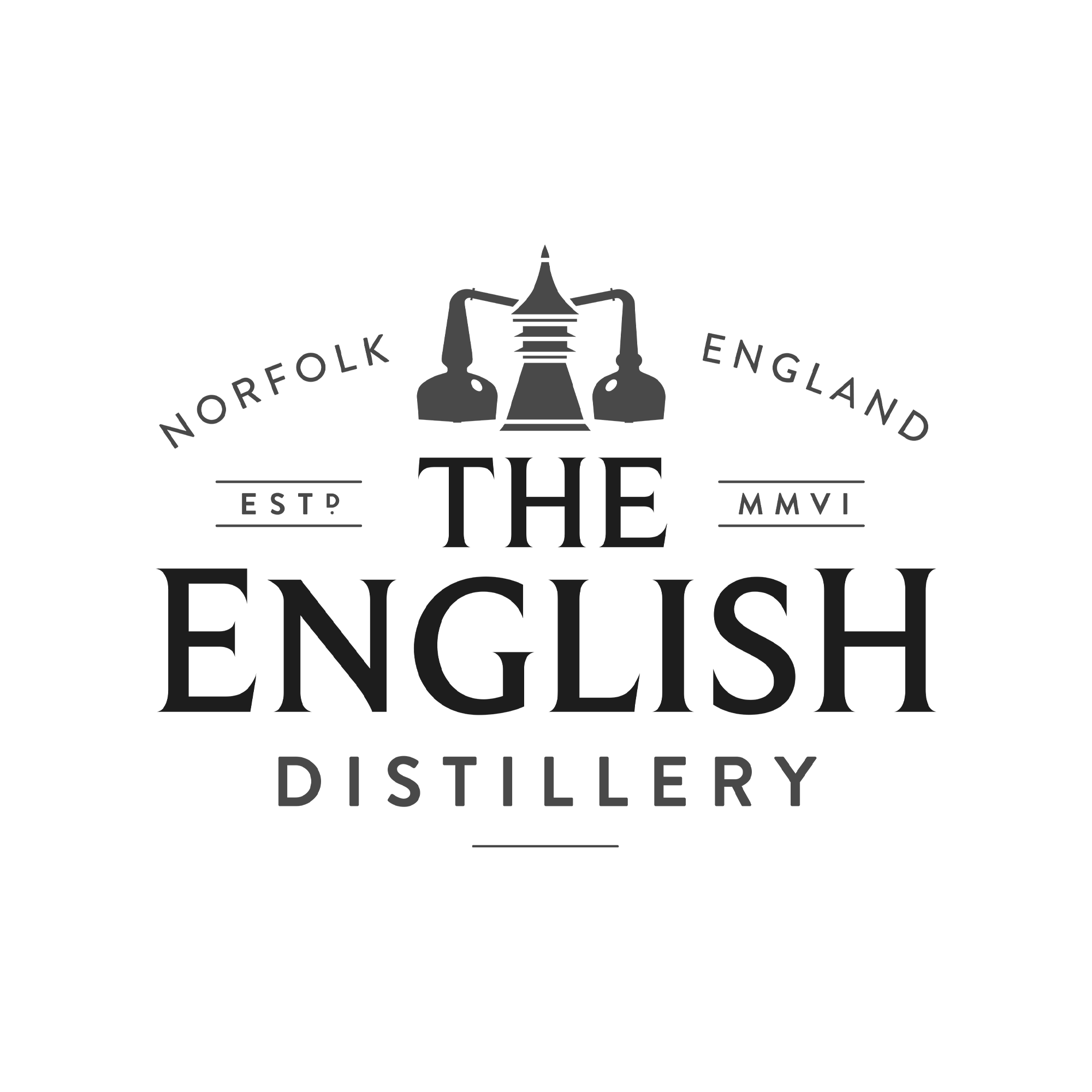 Logo for The English Distillery with a vintage-style graphic of a distillery tower at the top.