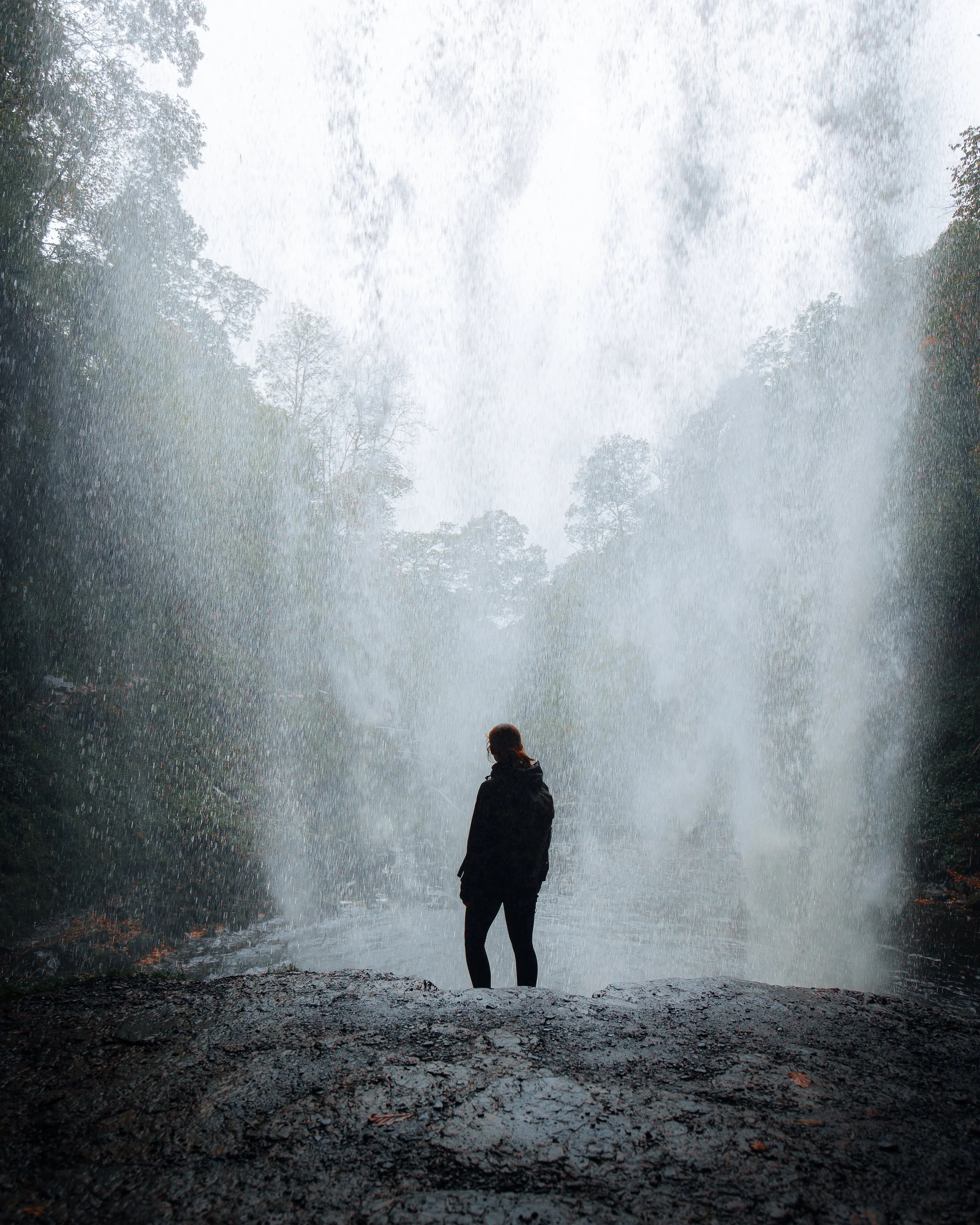 Person standing on rocky surface near a waterfall in a lush green forest.