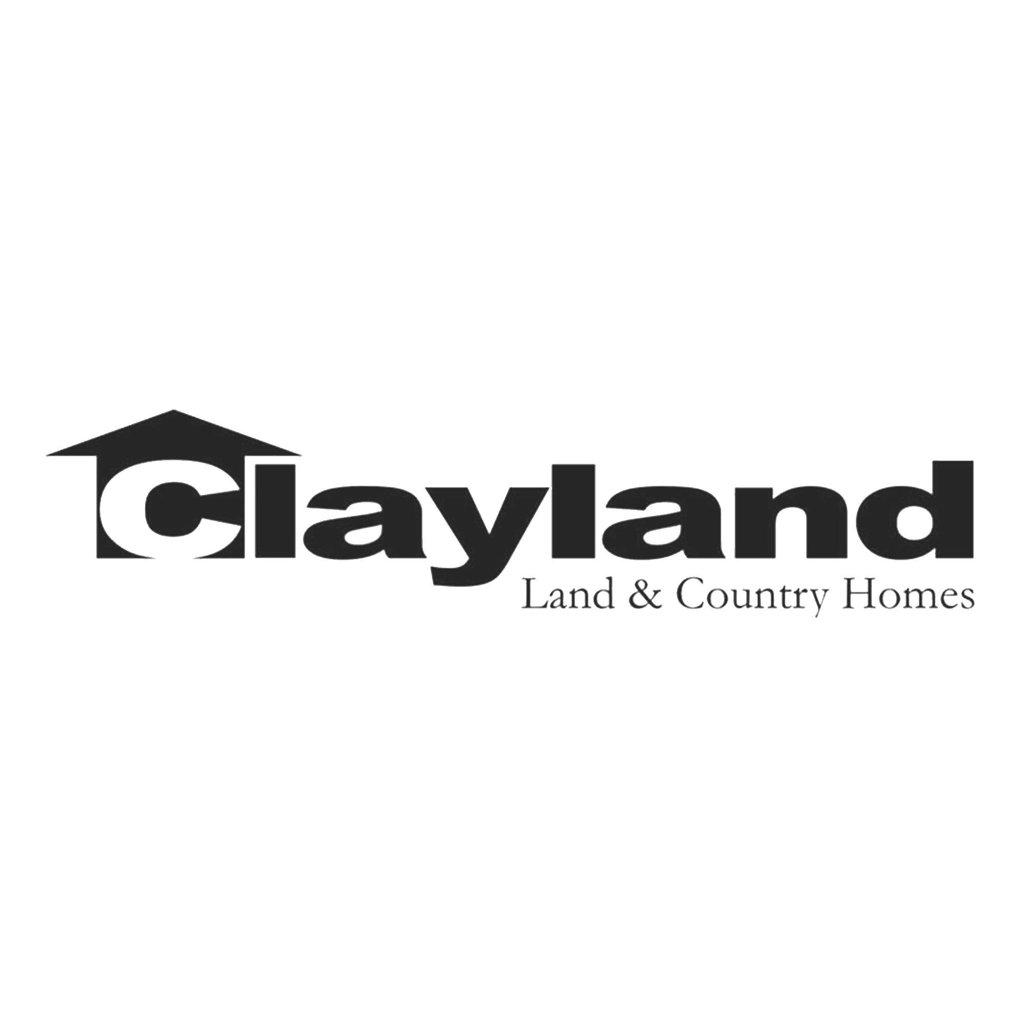 Logo for Clayland Land & Country Homes featuring a stylized house roof above the word 'Clayland' in bold, with smaller text underneath that reads 'Land & Country Homes'.