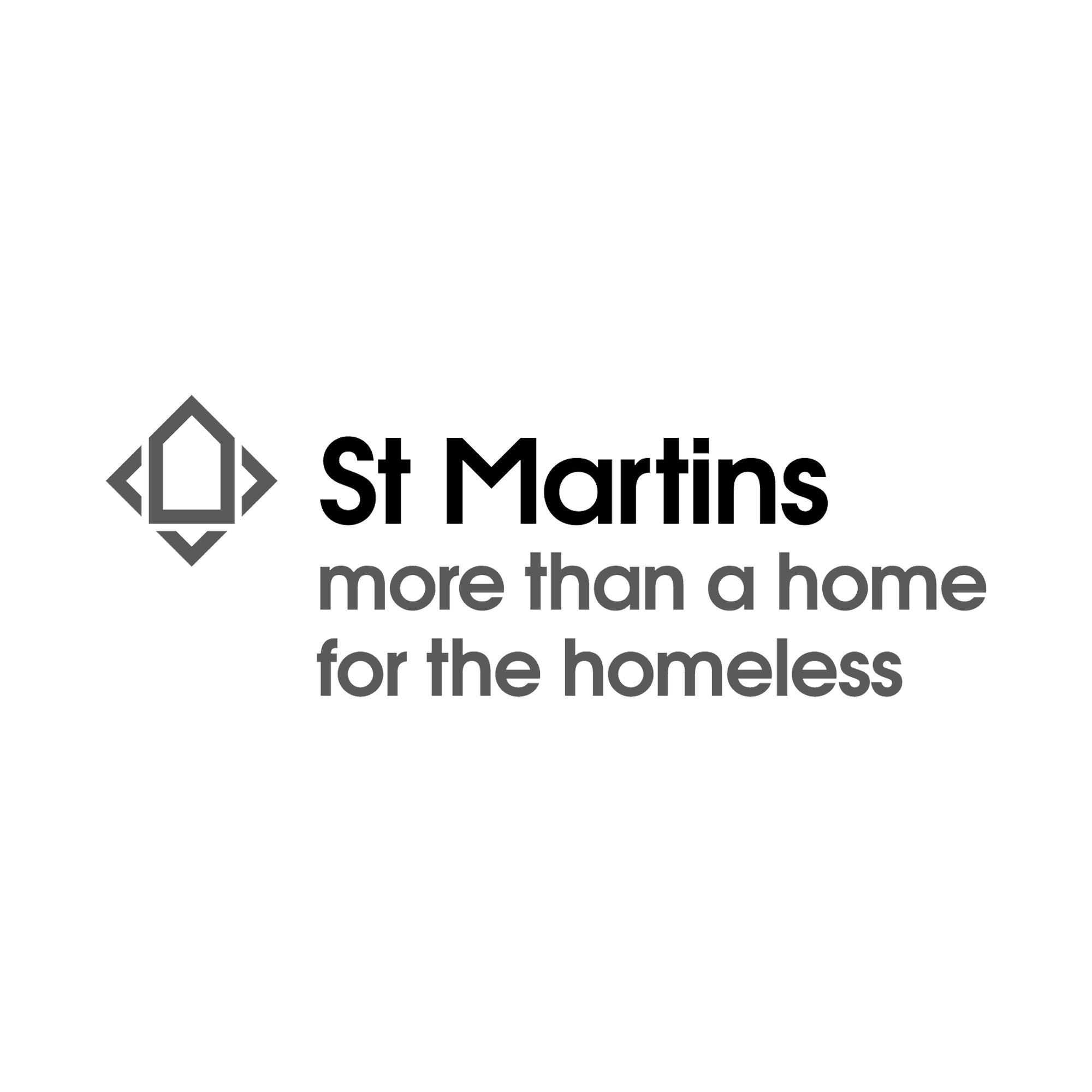 Logo for St Martins, featuring a geometric house icon with the tagline 'more than a home for the homeless' in gray text.