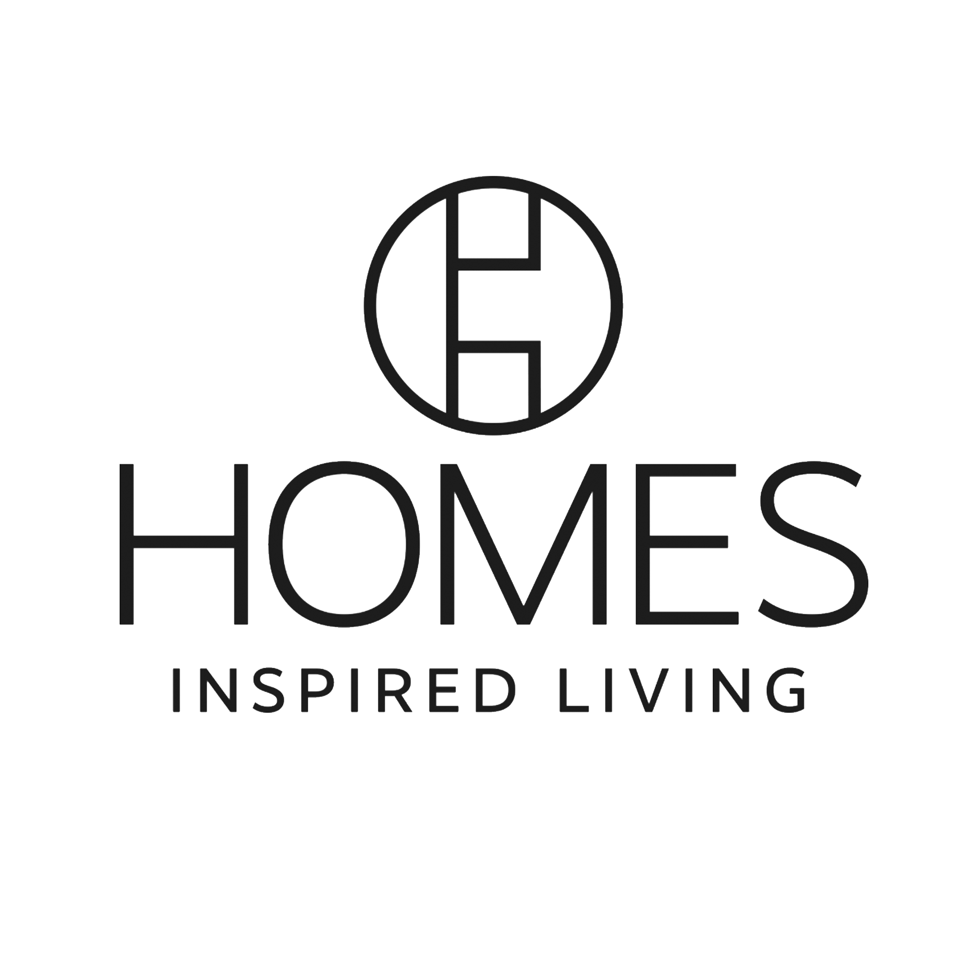Logo for Homes Inspired Living with a circular emblem containing an abstract house symbol above the company name in modern font.