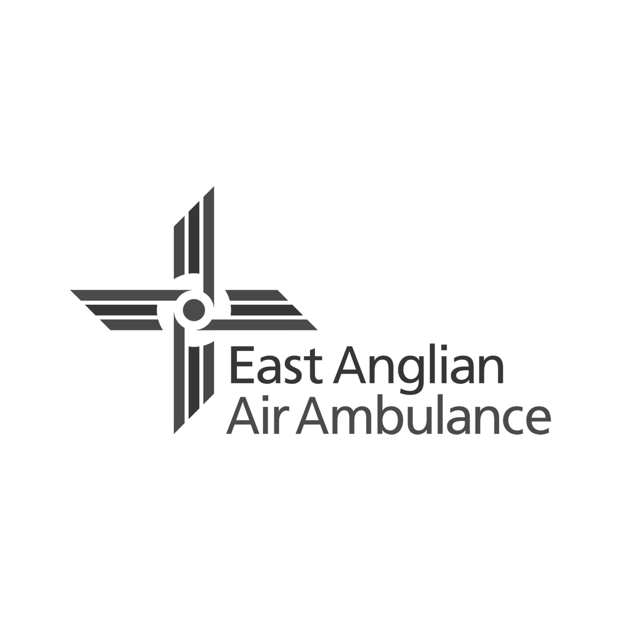 Logo of East Anglian Air Ambulance featuring a stylized white and grey helicopter rotor cross with the organization's name.